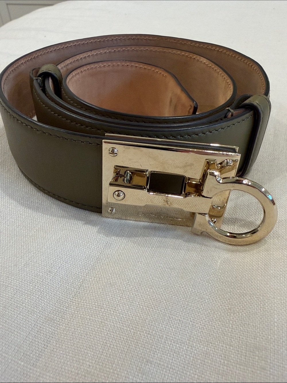 Salvatore Ferragamo Olive Green Leather Belt with Gold Buckle Ring